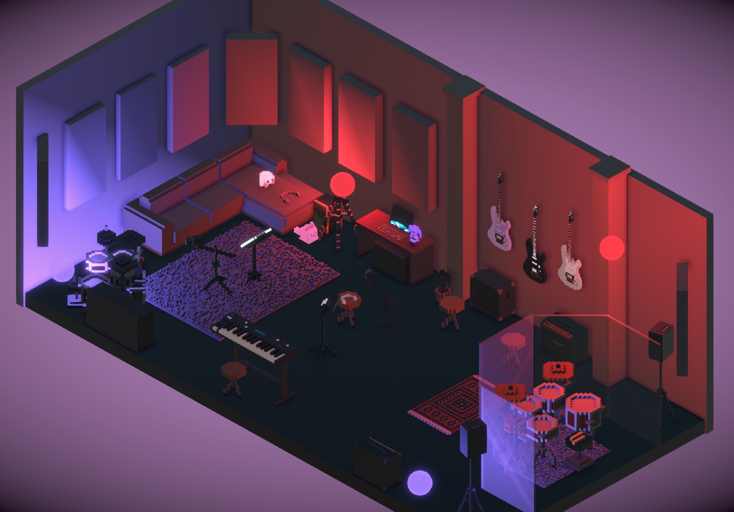Isometric voxel model of RemPham'Ly Rehearsal Space — drum booth, guitar wall, lounge and red and violet lamps